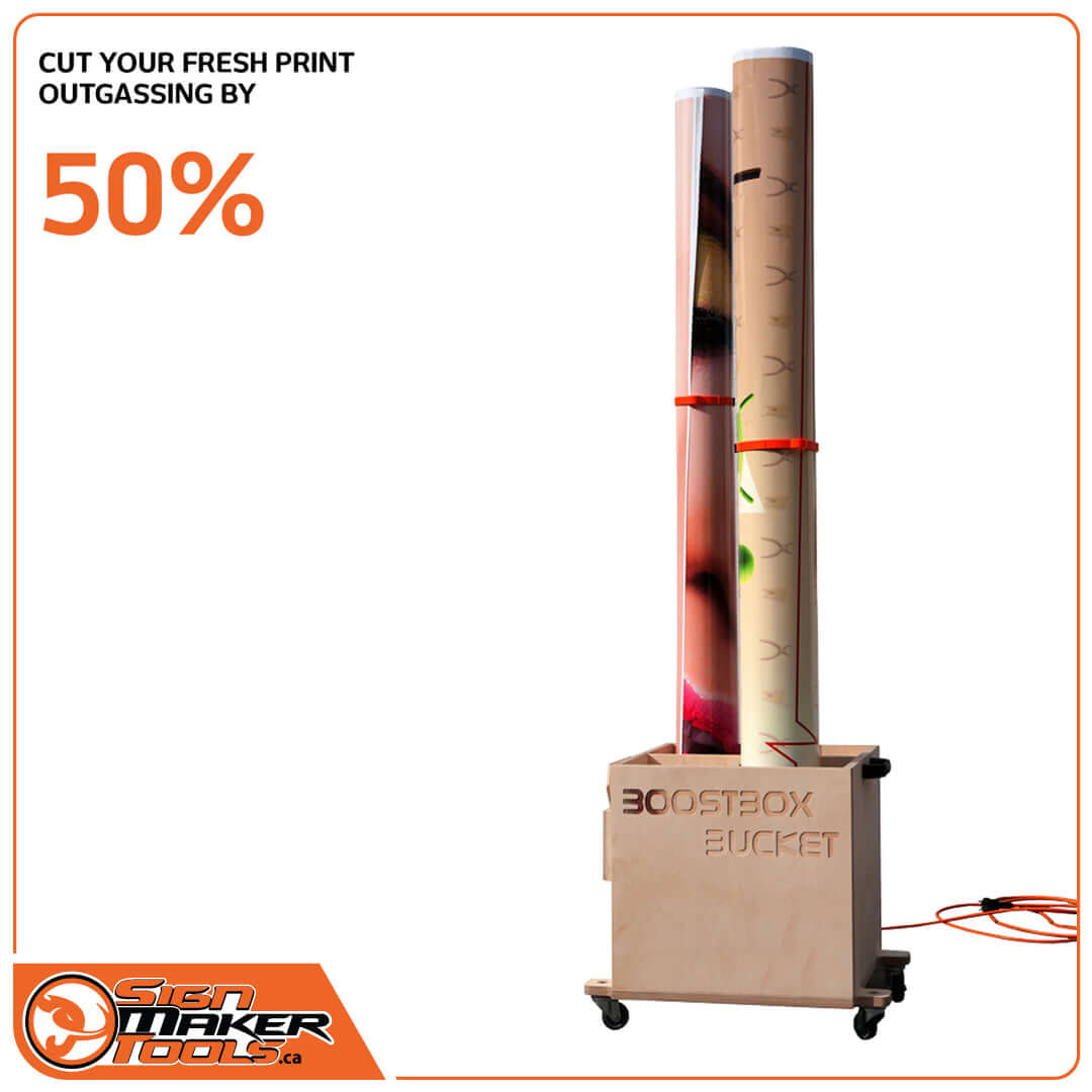 BoostBox Bucket outgassing system holding two upright print rolls with text highlighting 50% faster outgassing