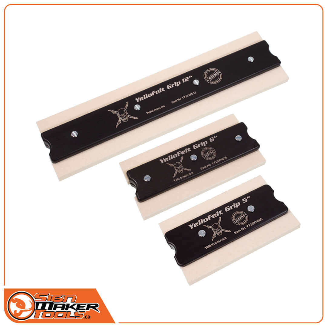 YelloFelt Grip squeegee set in 12-inch, 6-inch, and 5-inch sizes for efficient application