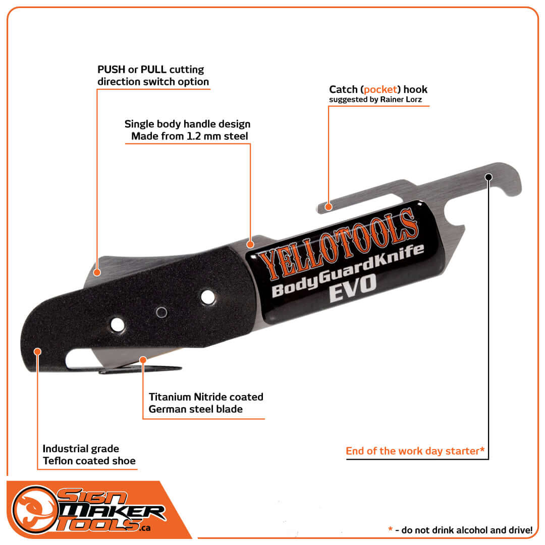 Diagram showing features of the Yellotools BodyGuardKnife EVO with labeled parts